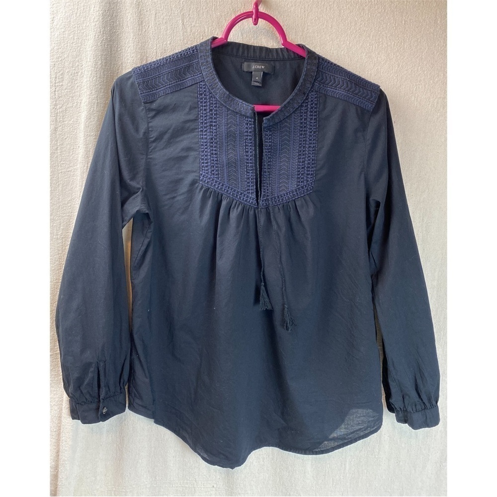 J Crew Embroidered Bib Peasant Top in Black, size 4
